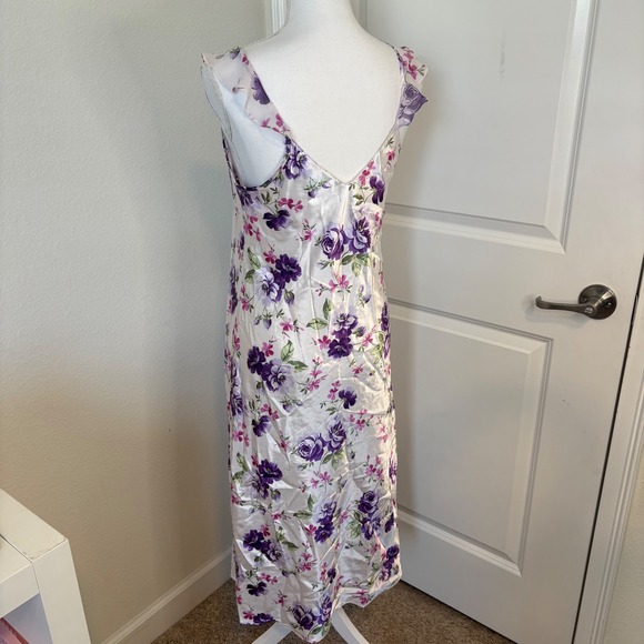 Morgan Taylor Intimates Floral Satin Nightgown Purple Pink Rose Ruffle Midi Med - Picture 3 of 5